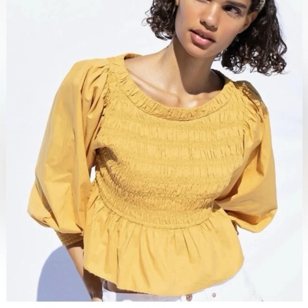 Free People Mustard Smocked Peplum Puff Sleeve Top